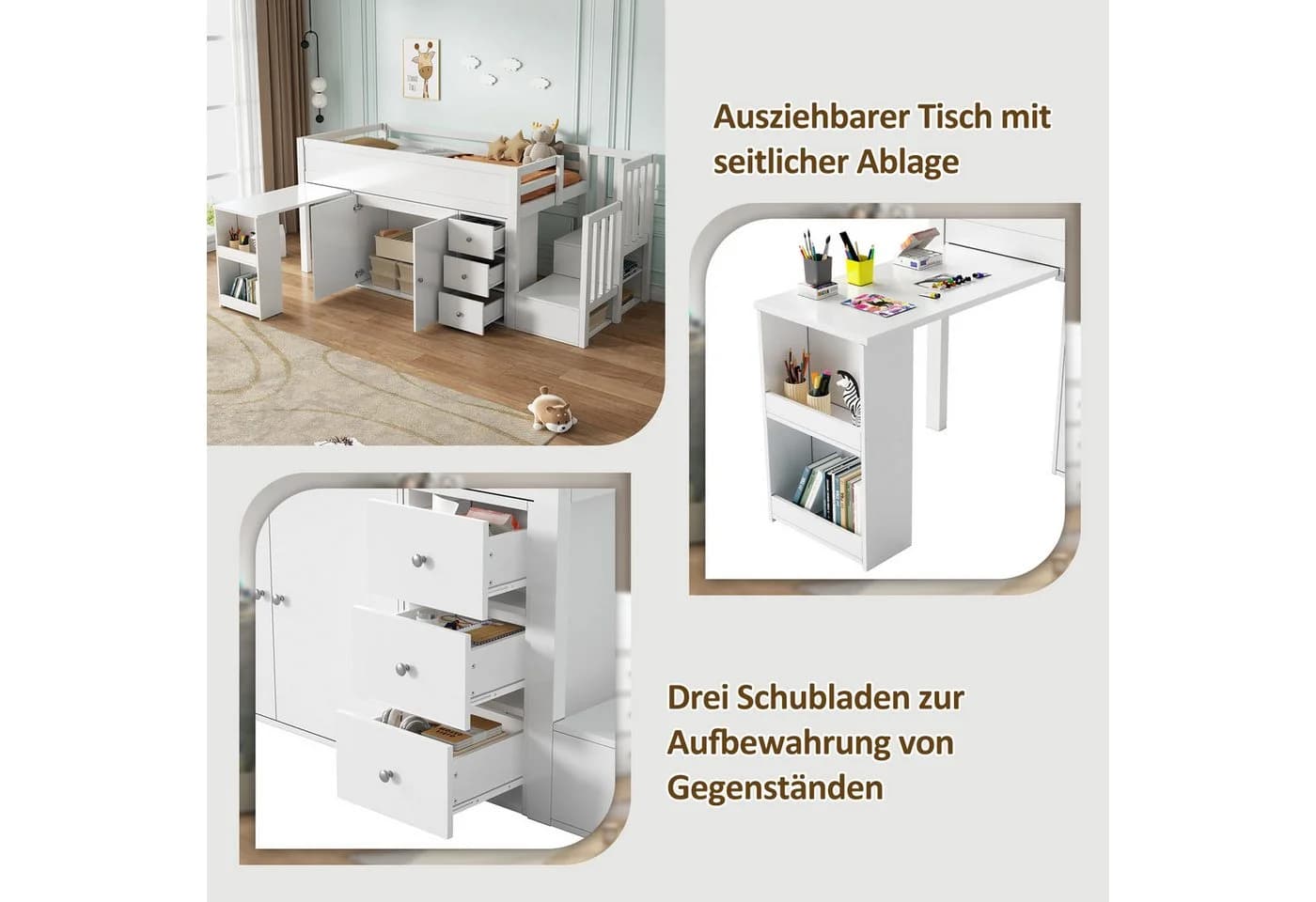 Odikalo Hochbett Kinderbett mit Ausziehbarem Schreibtisch Treppenschrank - Bild 5
