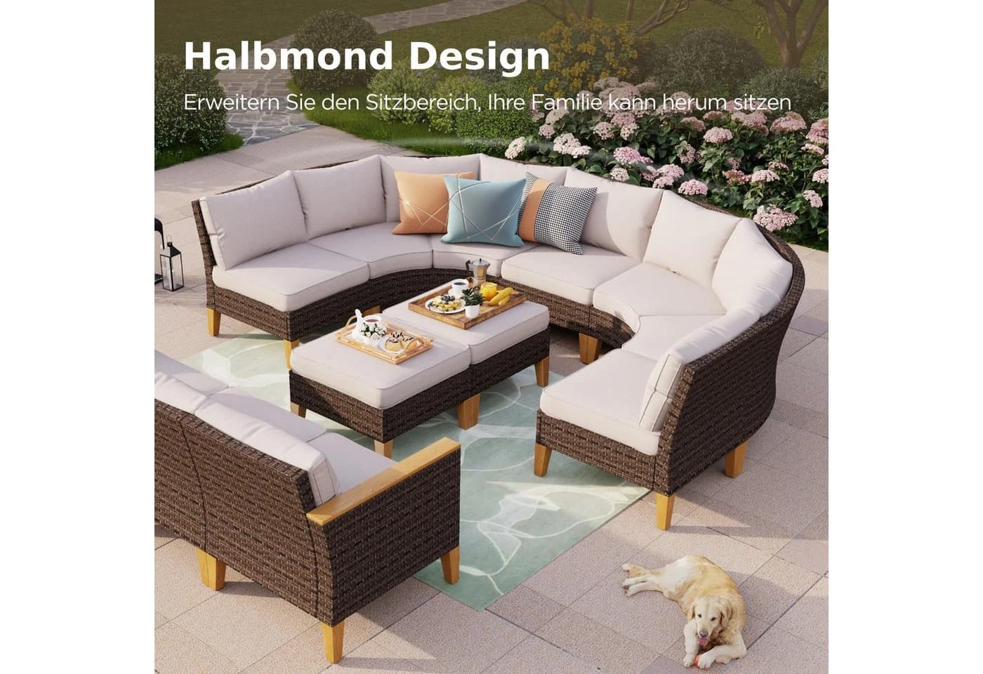 PHI VILLA Gartenlounge-Set Halbmond 10-12 Plätze Beige Poly Rattan - Bild 4