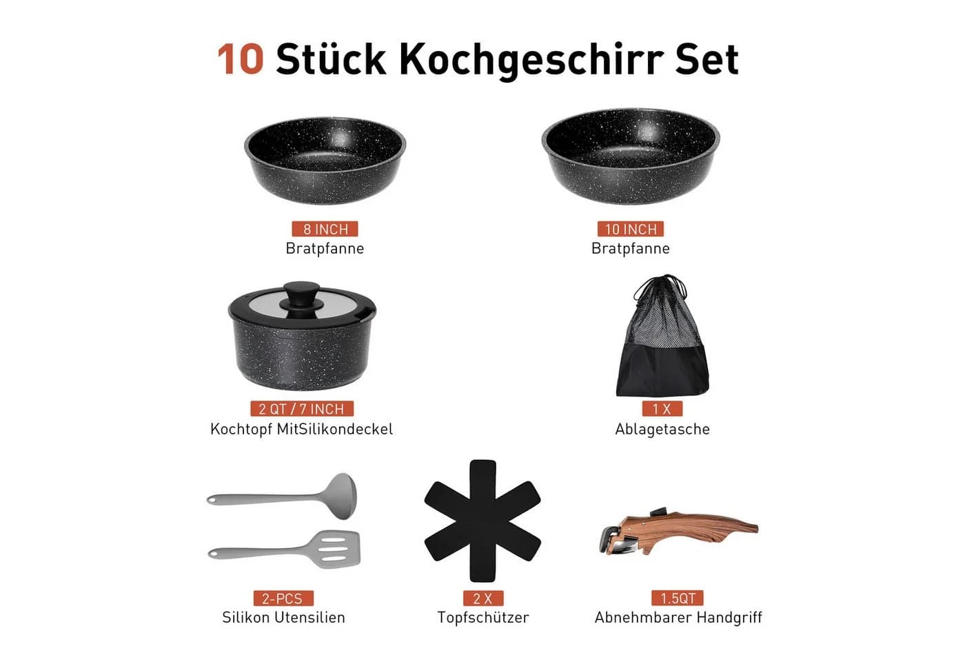 Kitchen Academy Pfannen-Set 10-tlg. Schwarz mit abnehmbarem Griff