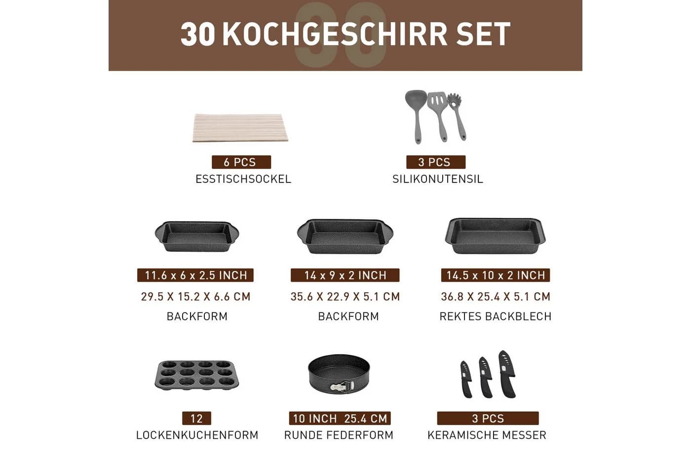 Kitchen Academy Topf-Set 30-tlg. Schwarz Aluminium Granit Antihaft Induktion - Bild 3