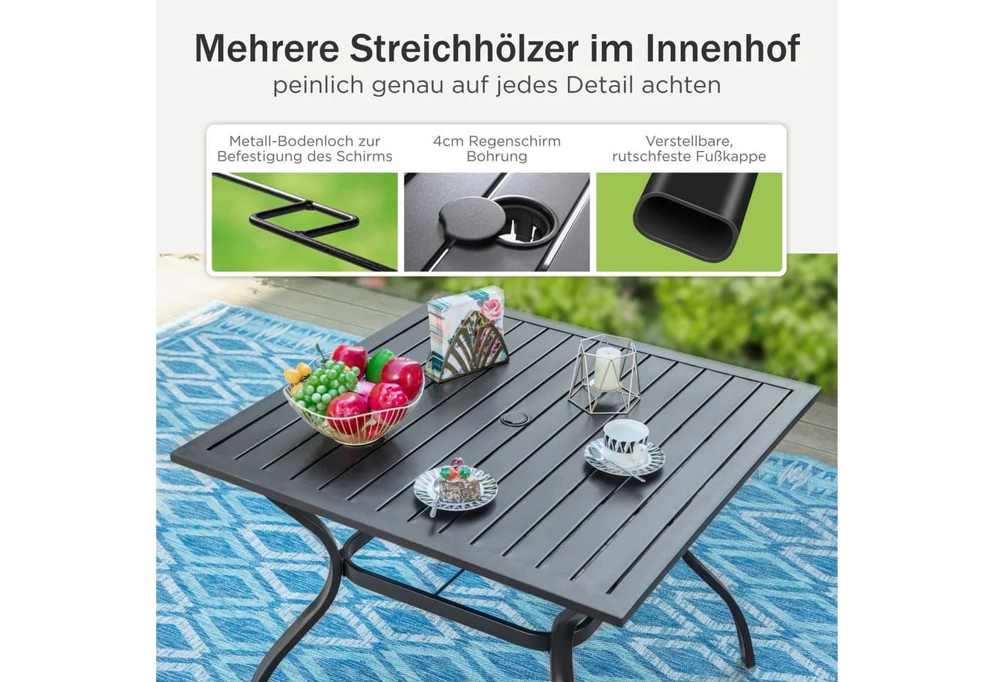 PHI VILLA Gartentisch Metall-Schirmloch Schwarz - Bild 5