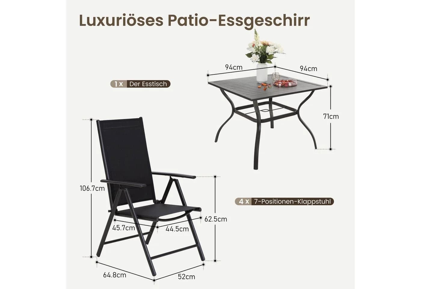 PHI VILLA Garten-Essgruppe 5-tlg. Schwarz Klappstühle wetterfest