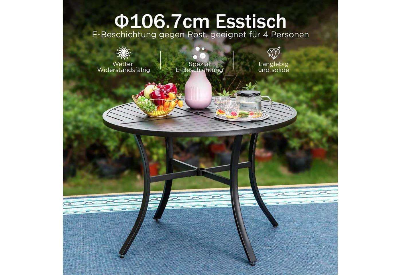 PHI VILLA Gartentisch Rund Metall Schwarz mit Schirmloch - Bild 4