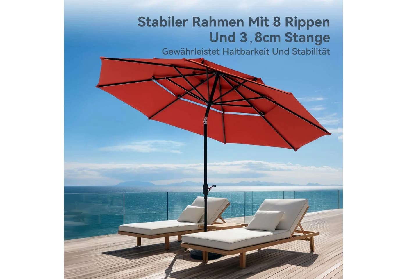 PHI VILLA Sonnenschirm Rot 300 cm mit 8 Schirmknochen - Bild 5
