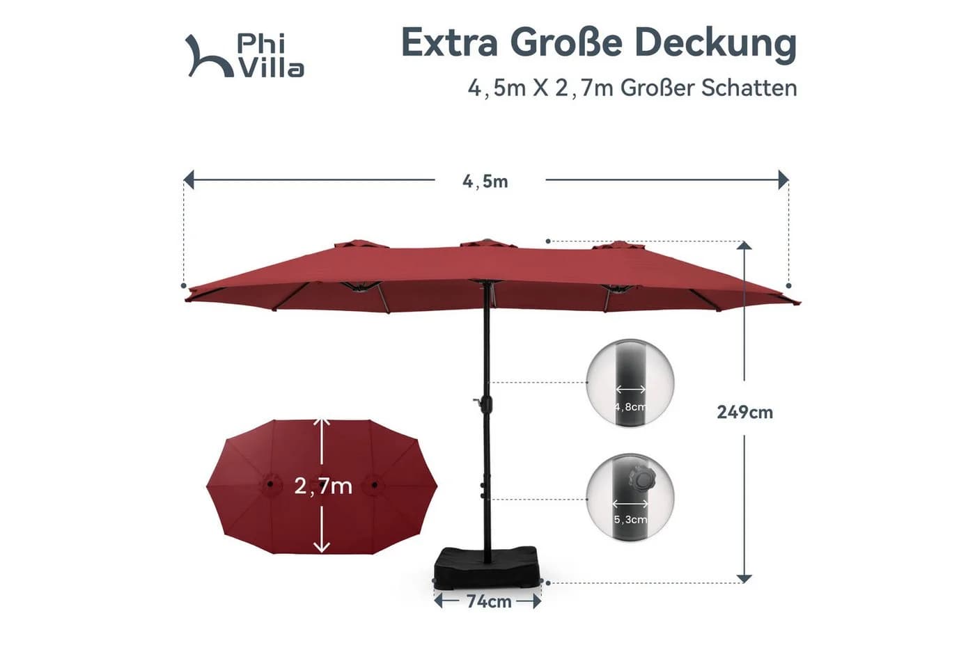 PHI VILLA Sonnenschirm Rot Rechteckig mit Ständer - Bild 5