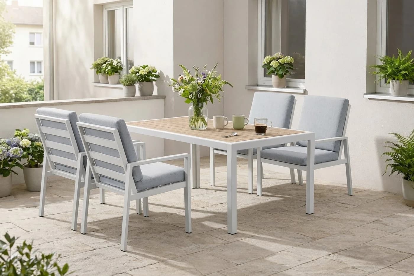 MeXo Gartenlounge-Set 5-tlg. Aluminium mit Esstisch Weiß - Bild 2