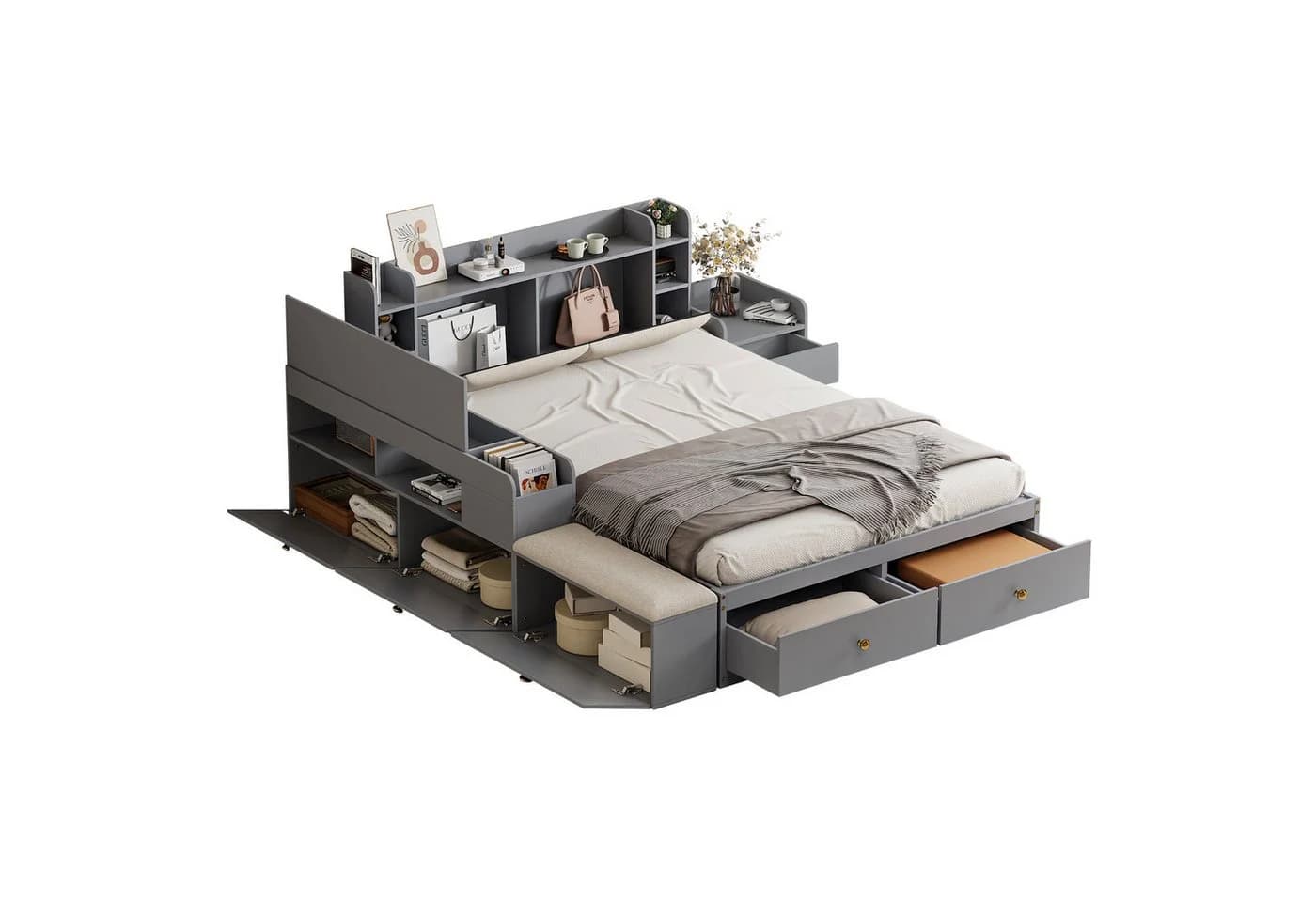 Odikalo Schlafzimmer-Set Kombibett mit Stauraum Grau/Weiß - Bild 2