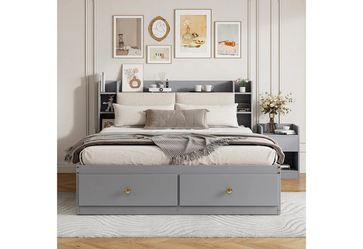 Odikalo Schlafzimmer-Set Kombibett mit Stauraum Grau/Weiß - Bild 3