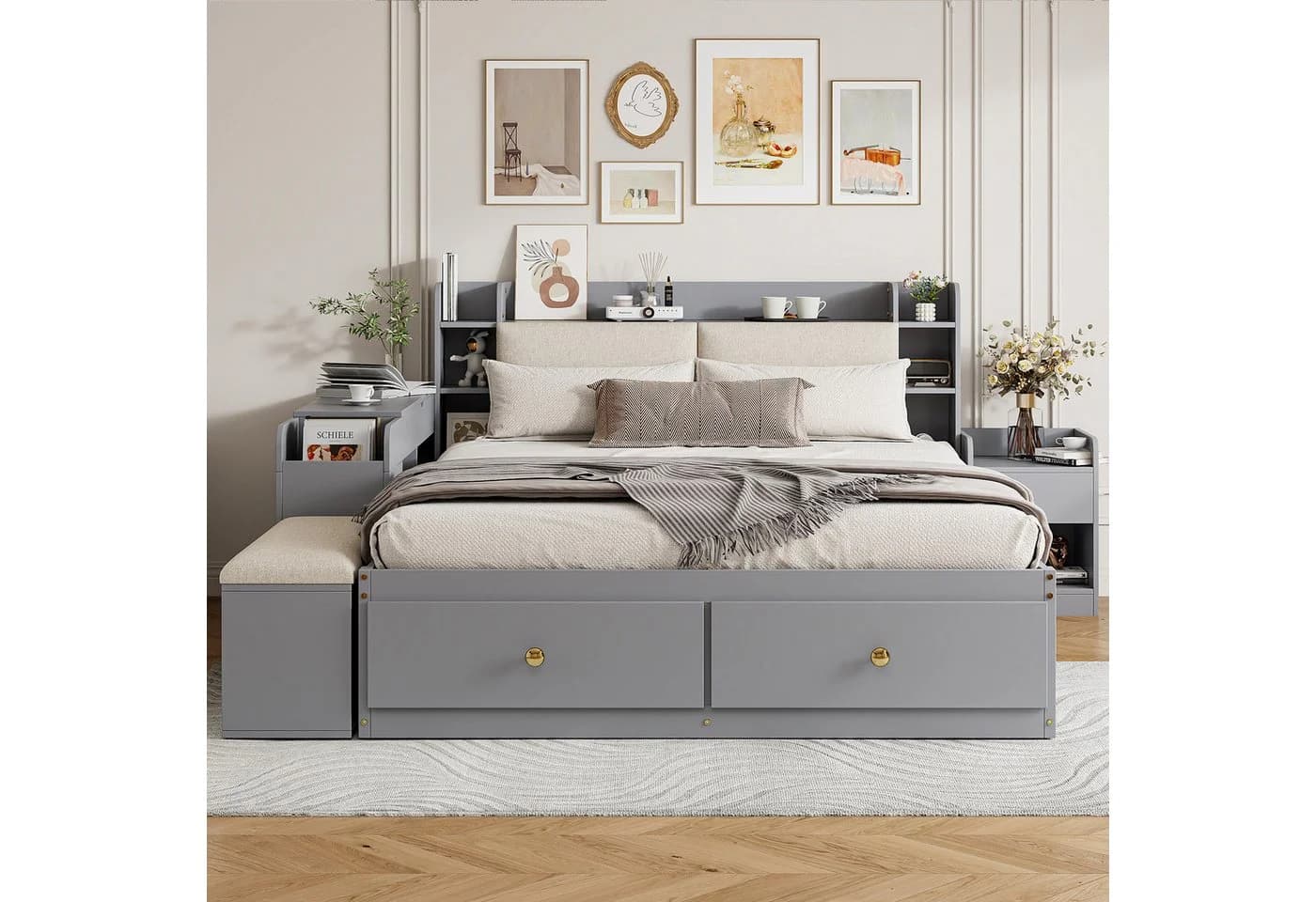 Odikalo Schlafzimmer-Set Kombibett mit Stauraum Grau/Weiß - Bild 5