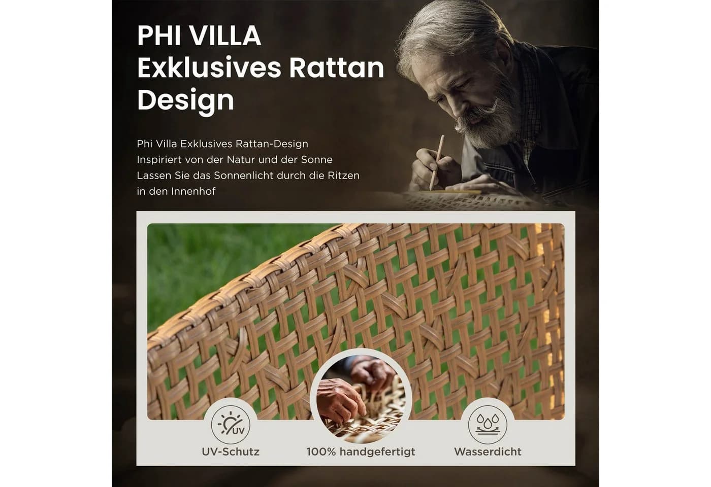 PHI VILLA Gartenlounge-Set 4-tlg. Beige PE Rattan Akazie