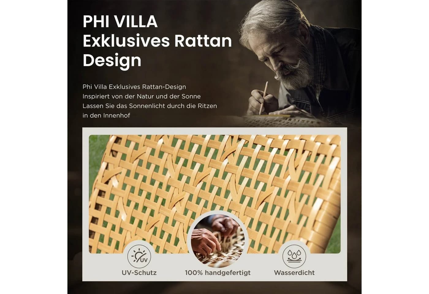 PHI VILLA Gartenlounge-Set 4-tlg. Gelb PE Rattan Schmiedeeisen Akazie