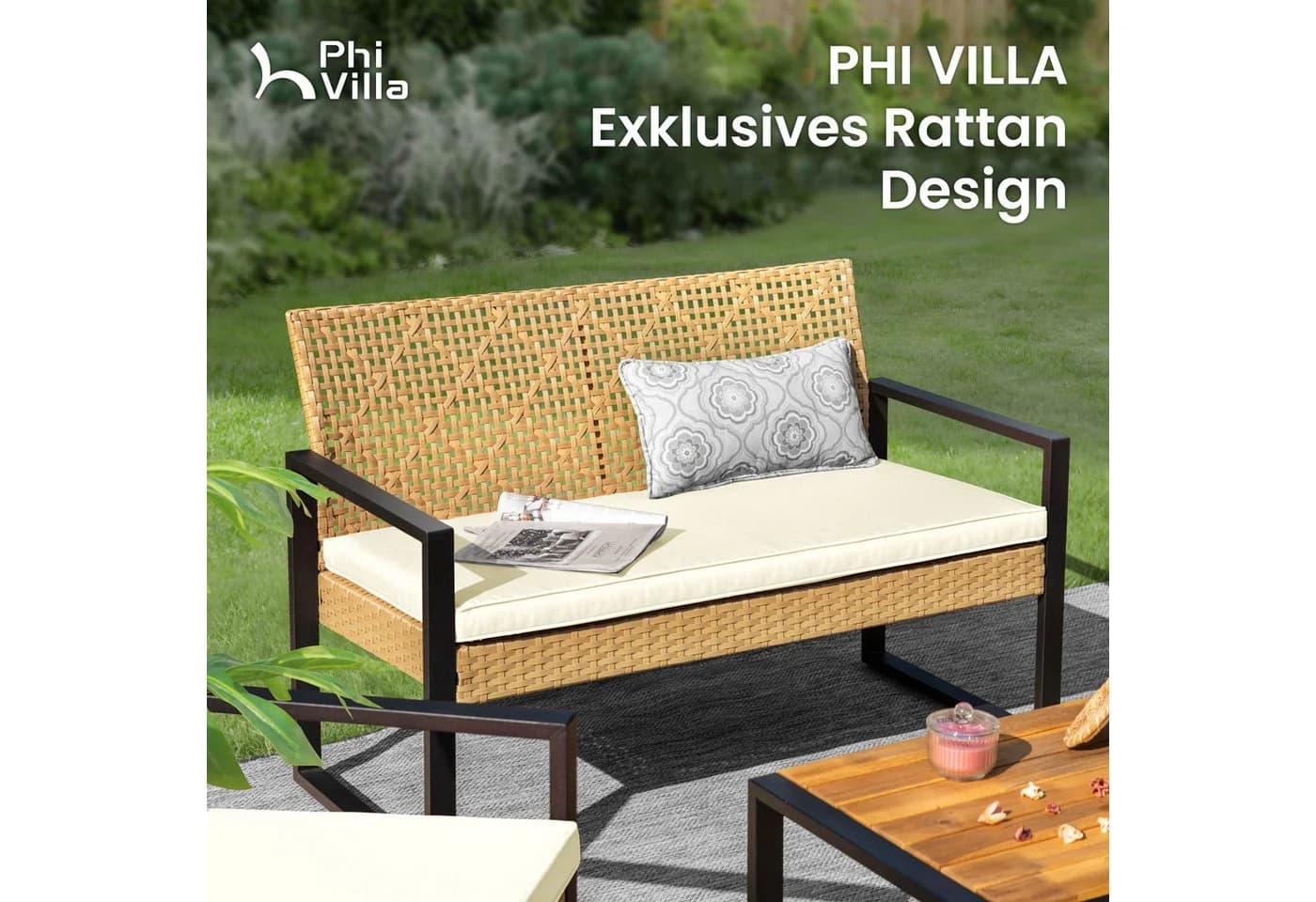 PHI VILLA Gartenlounge-Set 4-tlg. Gelb PE Rattan Schmiedeeisen Akazie - Bild 3