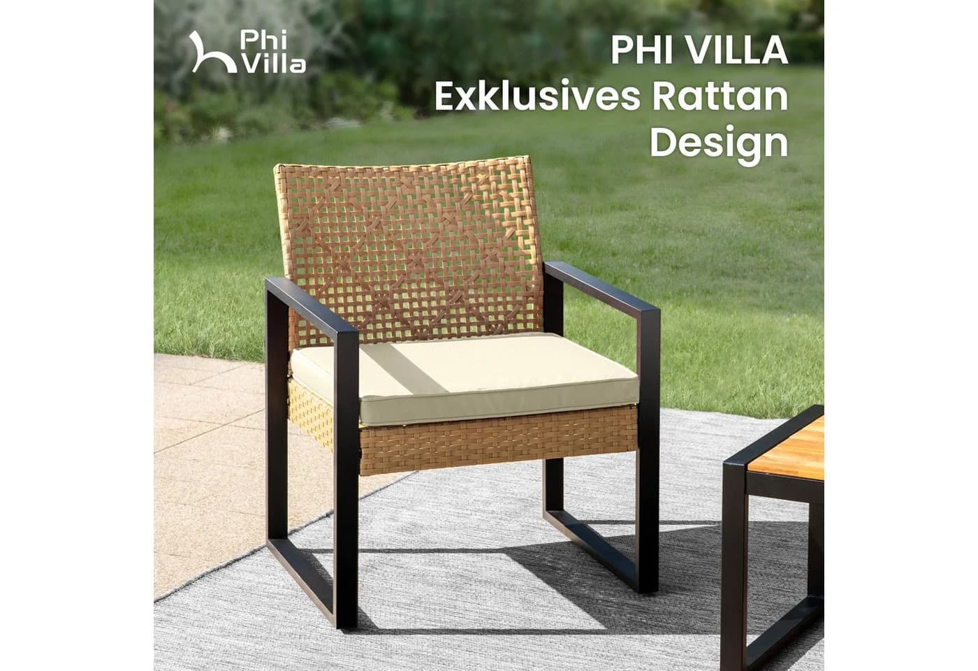 PHI VILLA Gartenlounge-Set 4-tlg. Gelb PE Rattan Schmiedeeisen Akazie - Bild 4