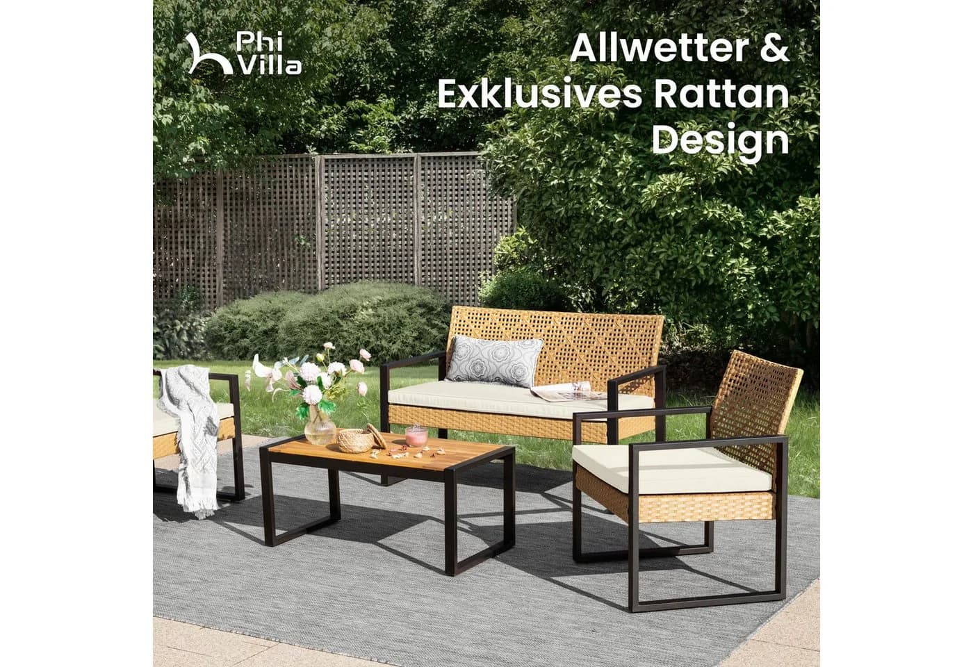 PHI VILLA Gartenlounge-Set 4-tlg. Gelb PE Rattan Schmiedeeisen Akazie - Bild 5