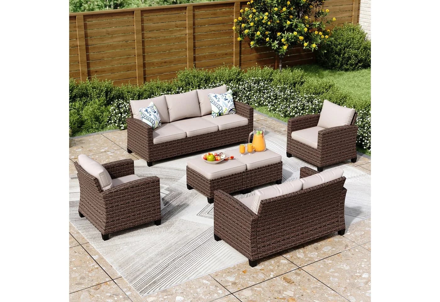 PHI VILLA Gartenlounge-Set 7-tlg. Beige/Braun Rattan - Bild 2