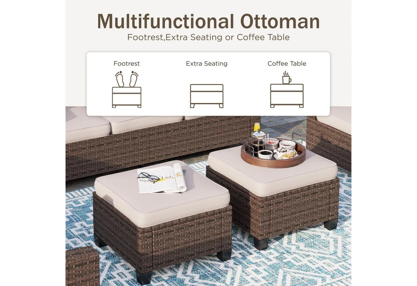 PHI VILLA Gartenlounge-Set 7-tlg. Beige/Braun Rattan - Bild 4