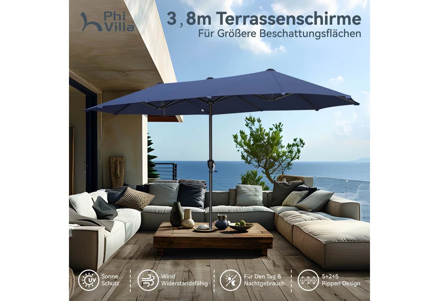 PHI VILLA Balkonschirm Rechteckig Blau mit Kurbel und UV-Schutz