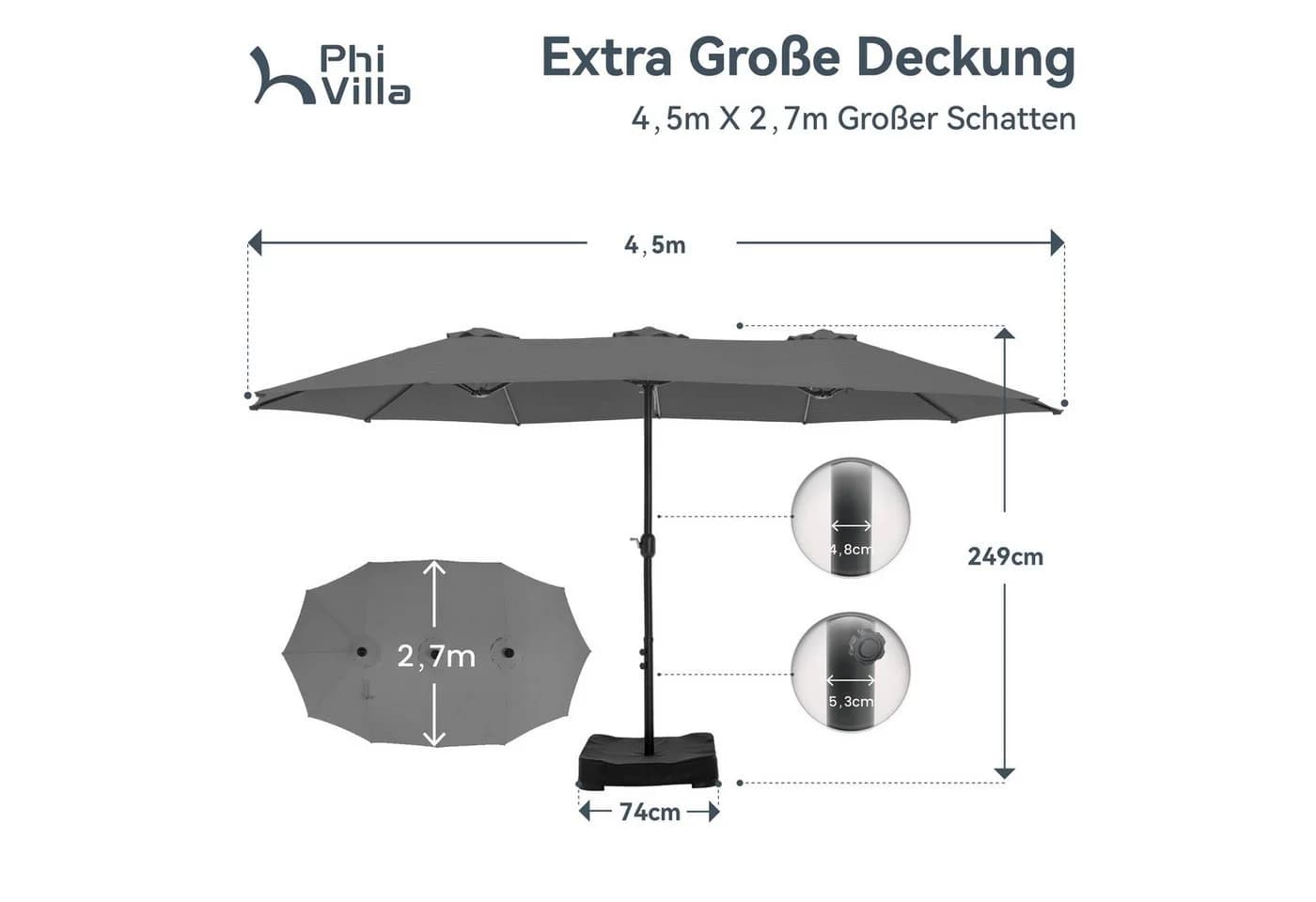 PHI VILLA Sonnenschirm Grau Rechteckig 2,7x4,5m - Bild 4