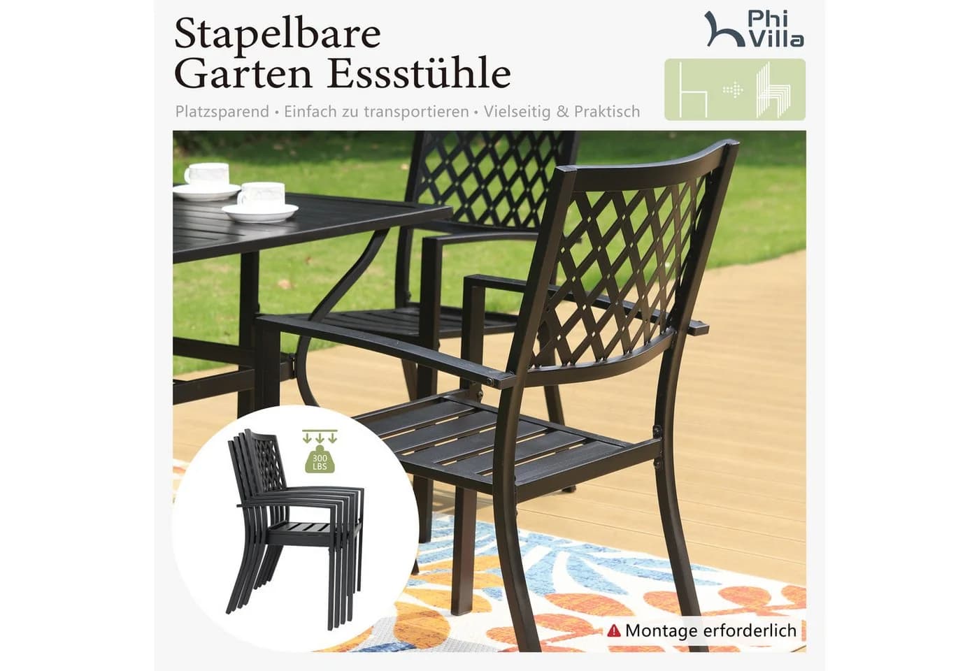 PHI VILLA Garten-Essgruppe 5-tlg. Schwarz Metall Stapelbar