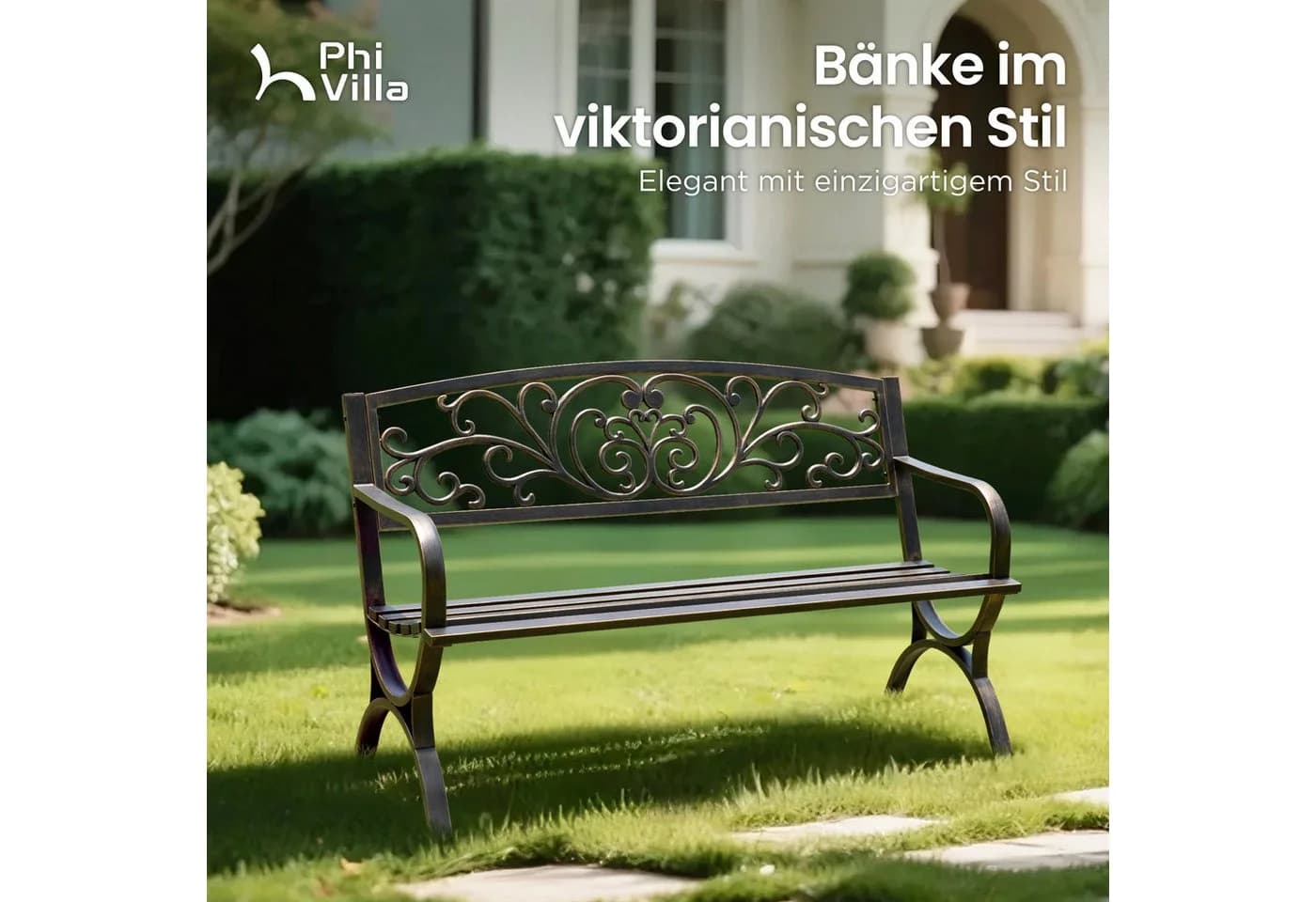 PHI VILLA Gartenbank Schwarz-Bronze mit gusseiserner Rückenlehne