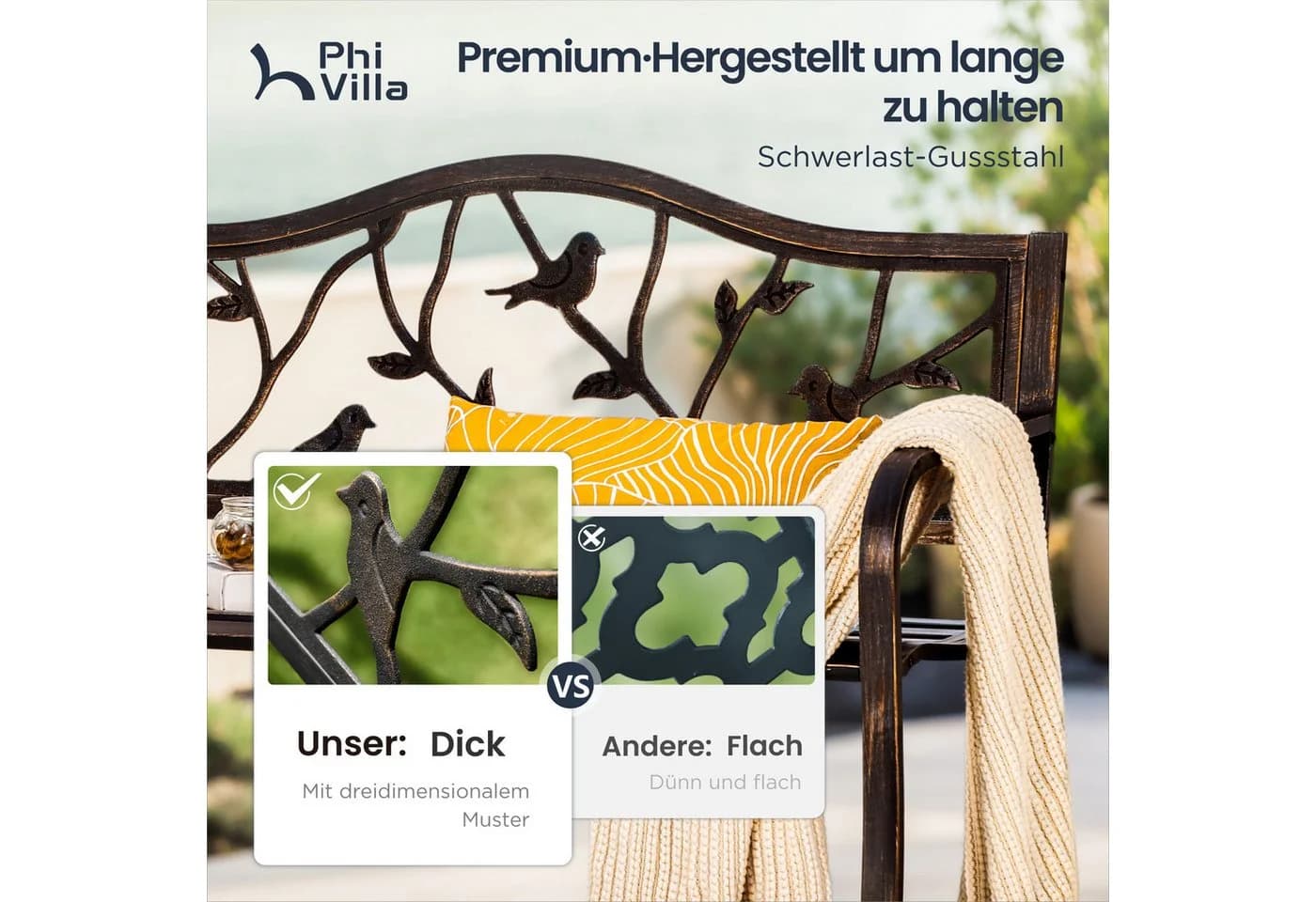 PHI VILLA Gartenbank Metall Bronze mit Gusseisen-Rückenlehne - Bild 3