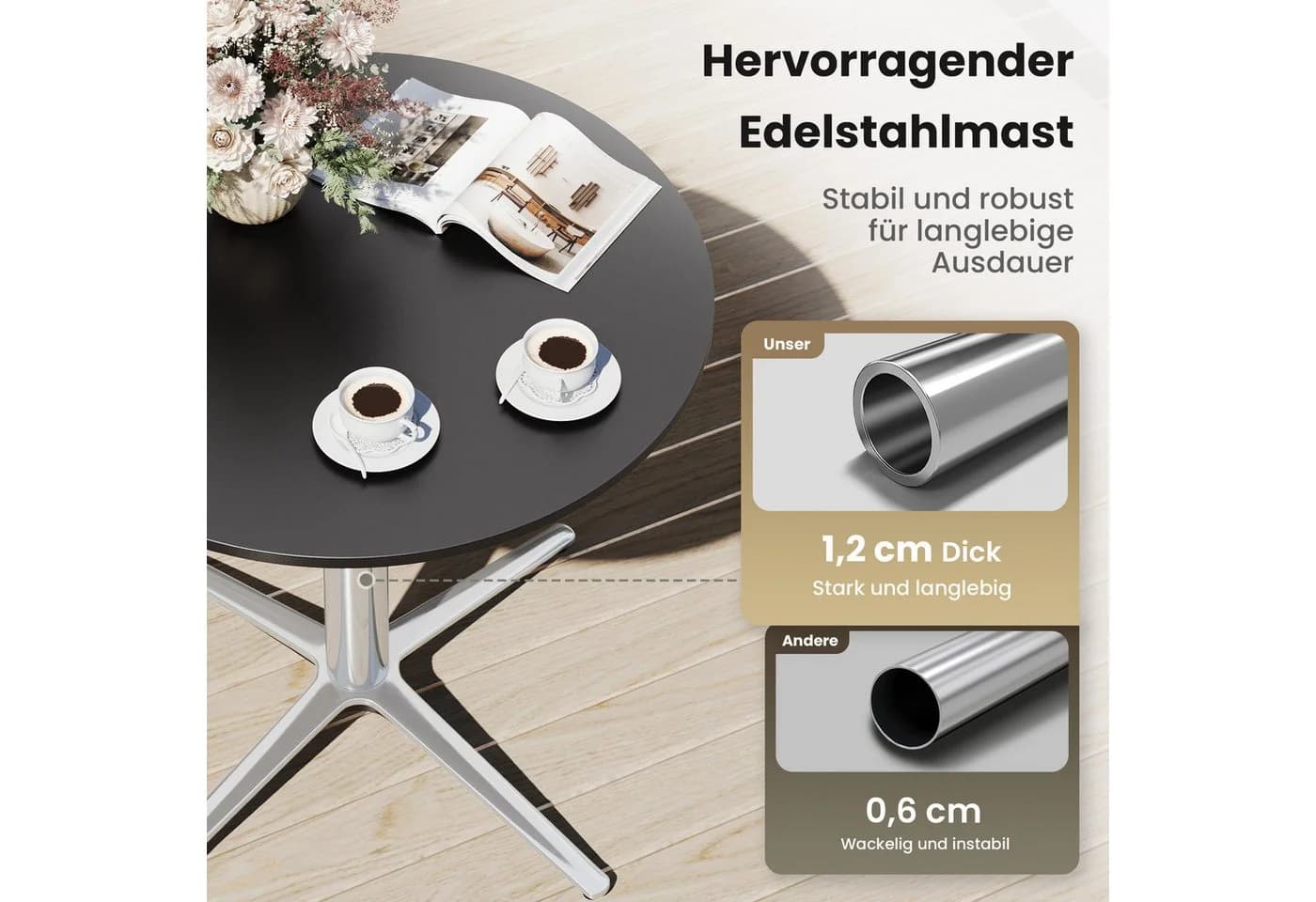 PHI VILLA Gartentisch Schwarz Metall Quadratisch/Rund