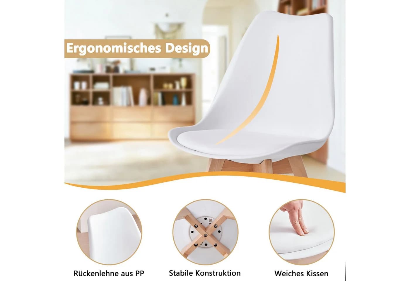 GrandCA HOME Esszimmerstuhl 4er/6er Set Moderner Gepolsterter Küchenstuhl Buchenholz Weiß - Bild 3