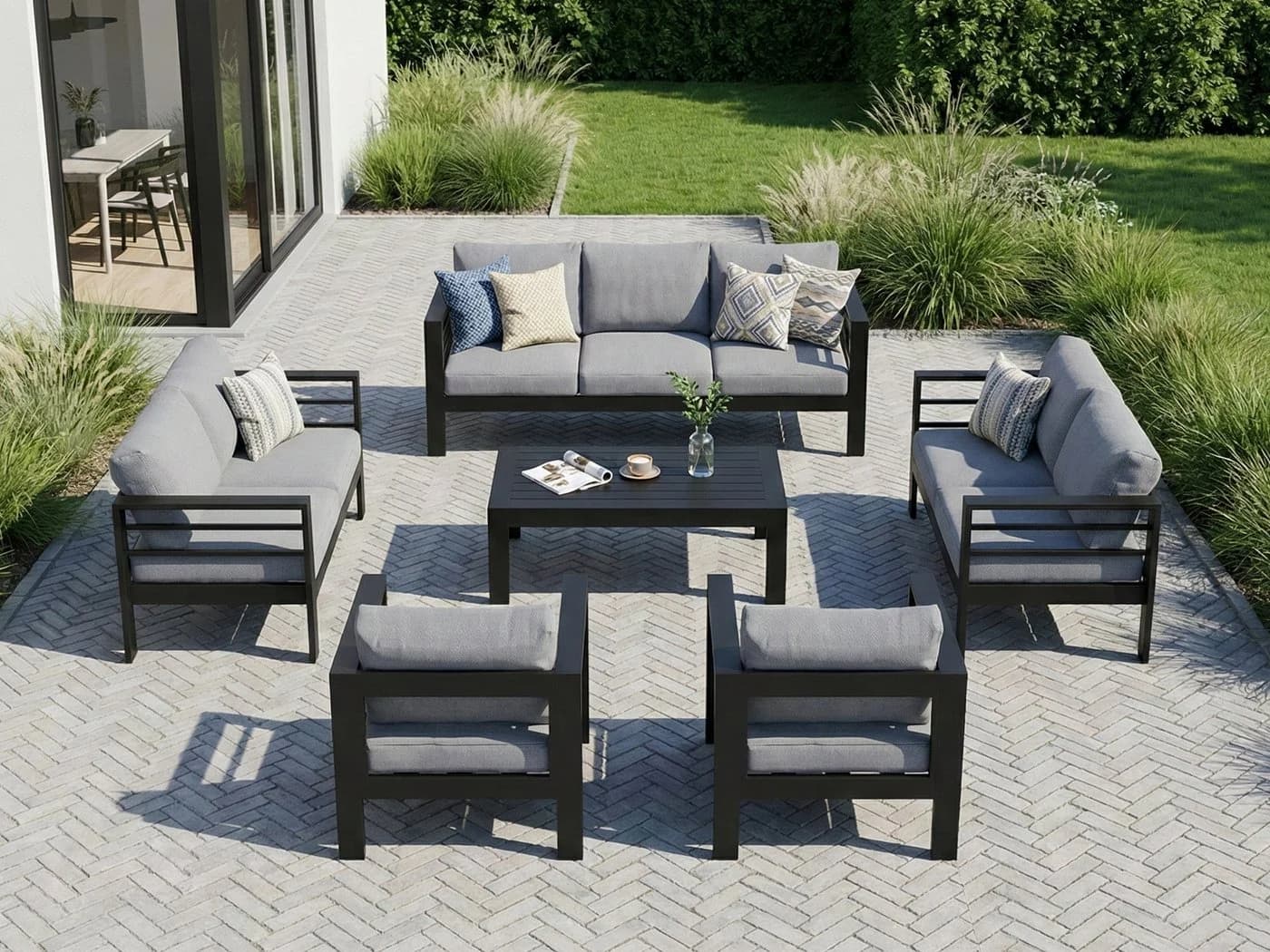 MeXo Gartenlounge-Set 8-tlg. Aluminium Schwarz mit Kissen - Bild 2