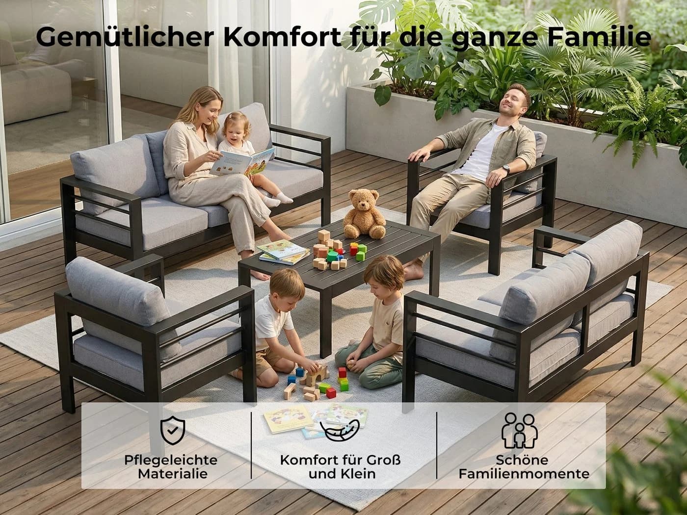 MeXo Gartenlounge-Set 8-tlg. Aluminium Schwarz mit Kissen - Bild 5