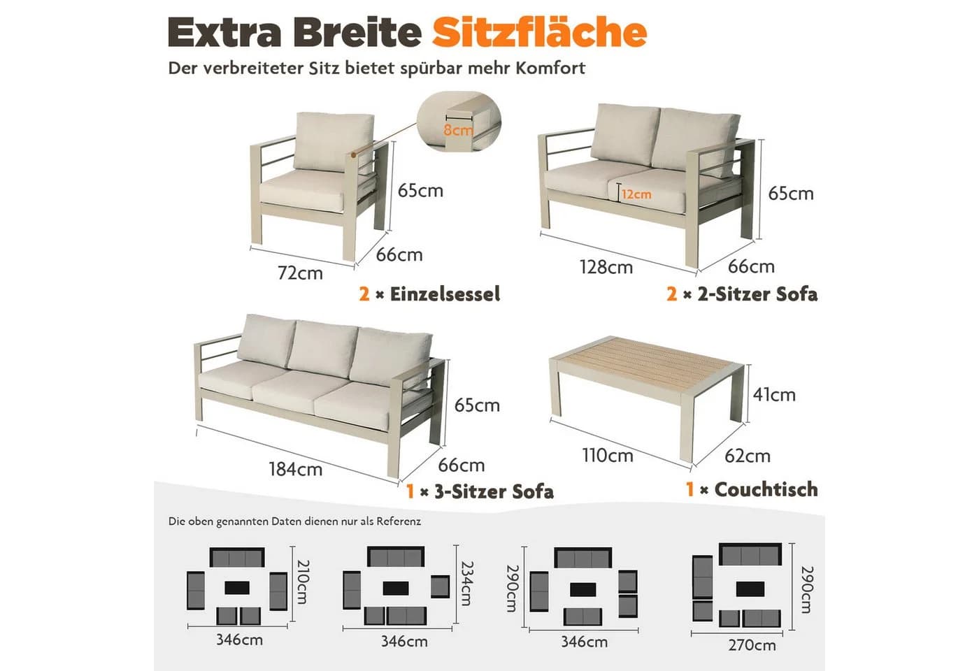 MeXo Gartenlounge-Set XXL Aluminium Outdoor 6-tlg. Beige - Bild 4