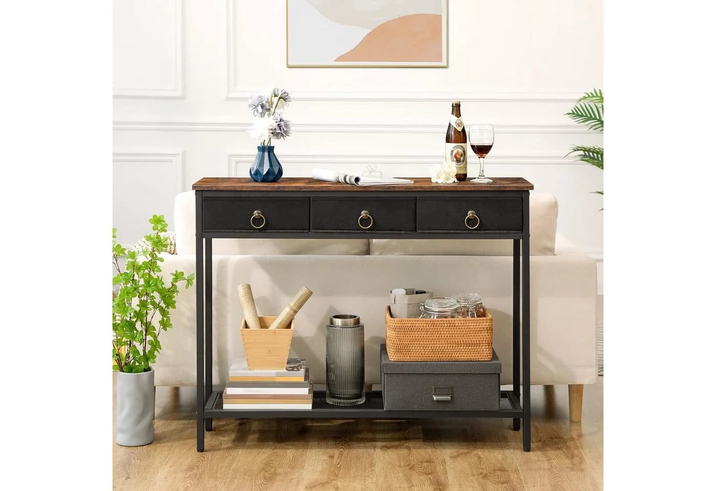 Hoobro Konsolentisch 100x25x80 cm mit 3 Schubladen Flurtisch Holz Metall - Bild 4