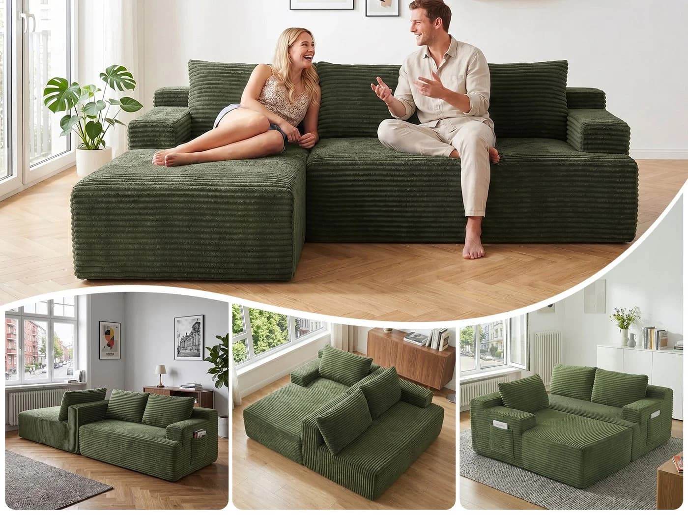 GLP Ecksofa L-Form Grün mit Schlaffunktion und Taschenfederkern - Bild 4
