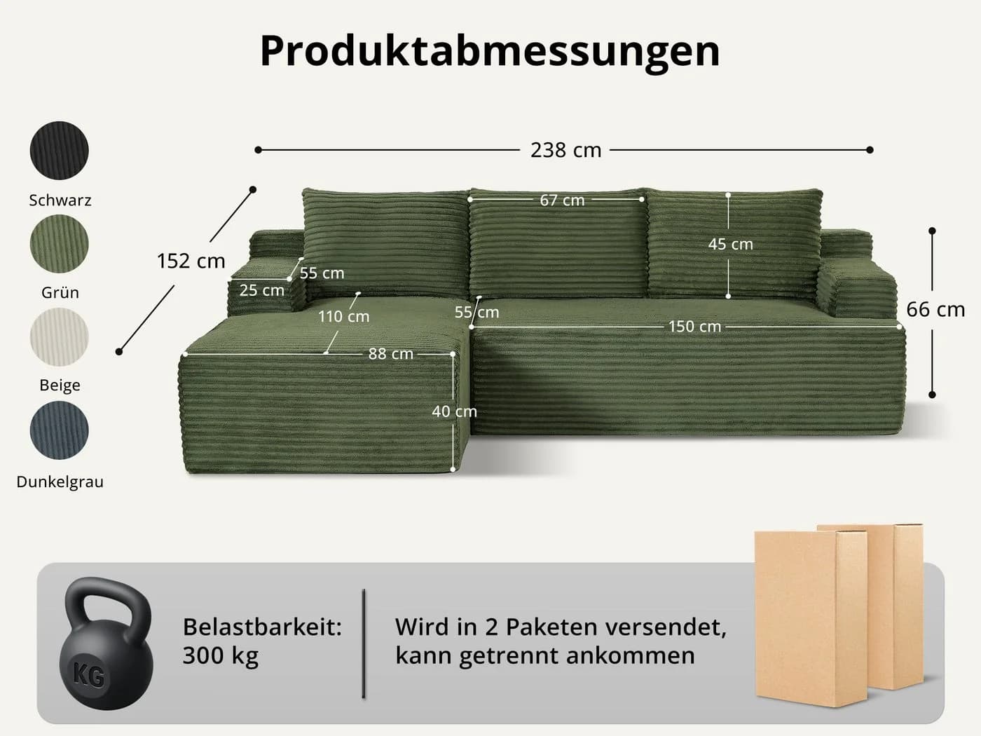 GLP Ecksofa L-Form Grün mit Schlaffunktion und Taschenfederkern - Bild 5