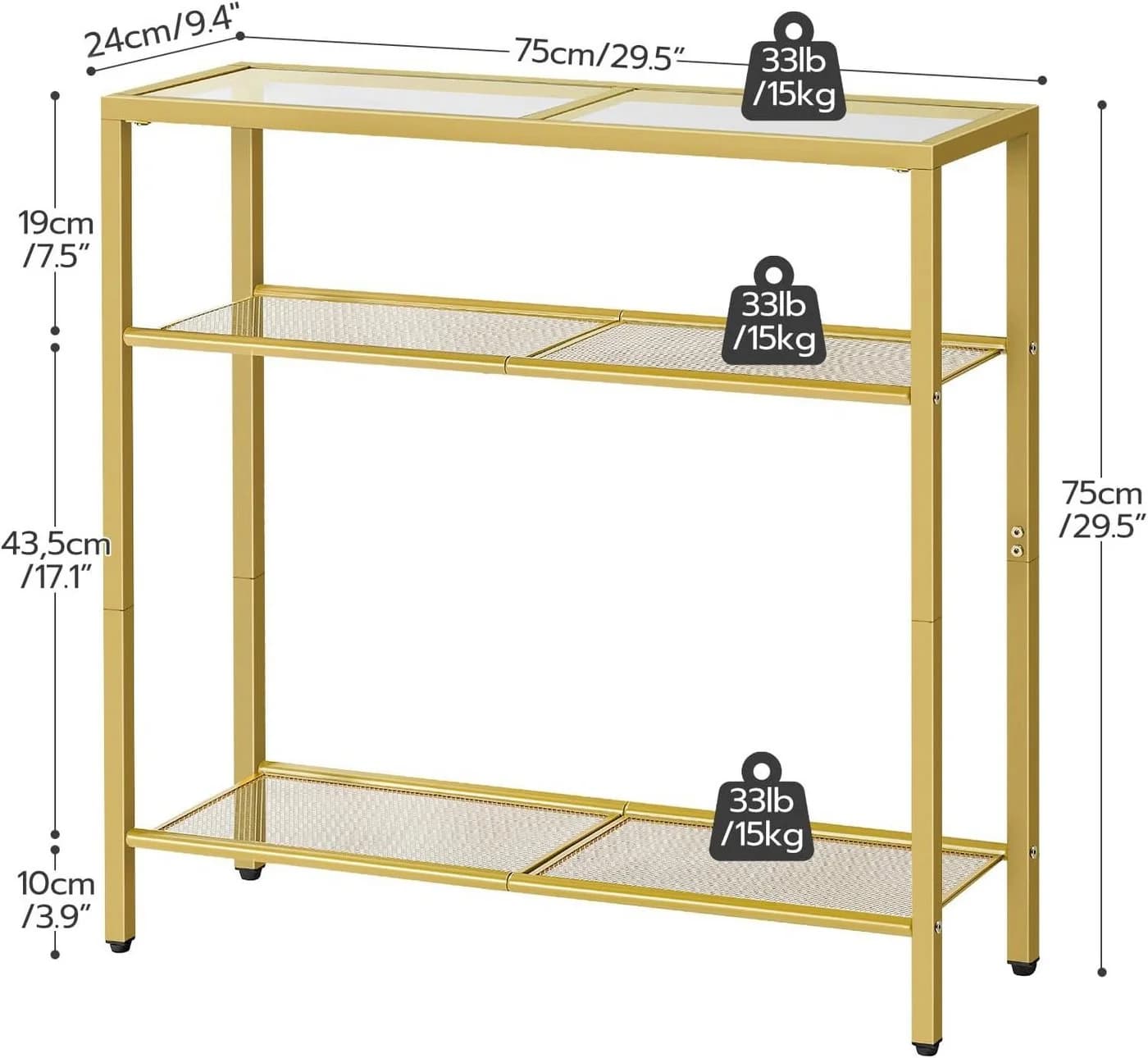 Hoobro Konsolentisch Gold 3 Ebenen Glas Metall Flurtisch 75cm - Bild 3