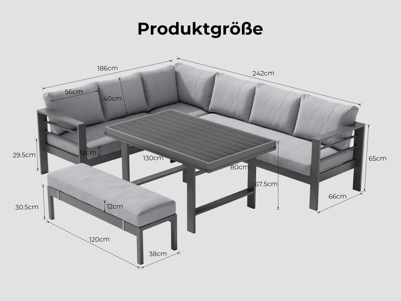 MeXo Gartenlounge-Set 5-tlg. Grau Aluminium mit Esstisch - Bild 3