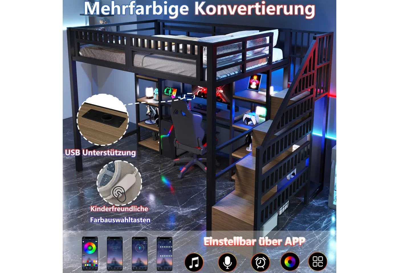 Odikalo Hochbett mit Schreibtisch & Stufenschrank Schwarz/Weiß - Bild 3