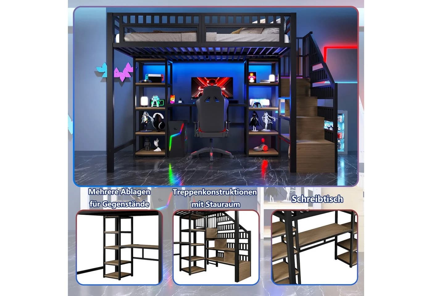 Odikalo Hochbett mit Schreibtisch & Stufenschrank Schwarz/Weiß - Bild 4