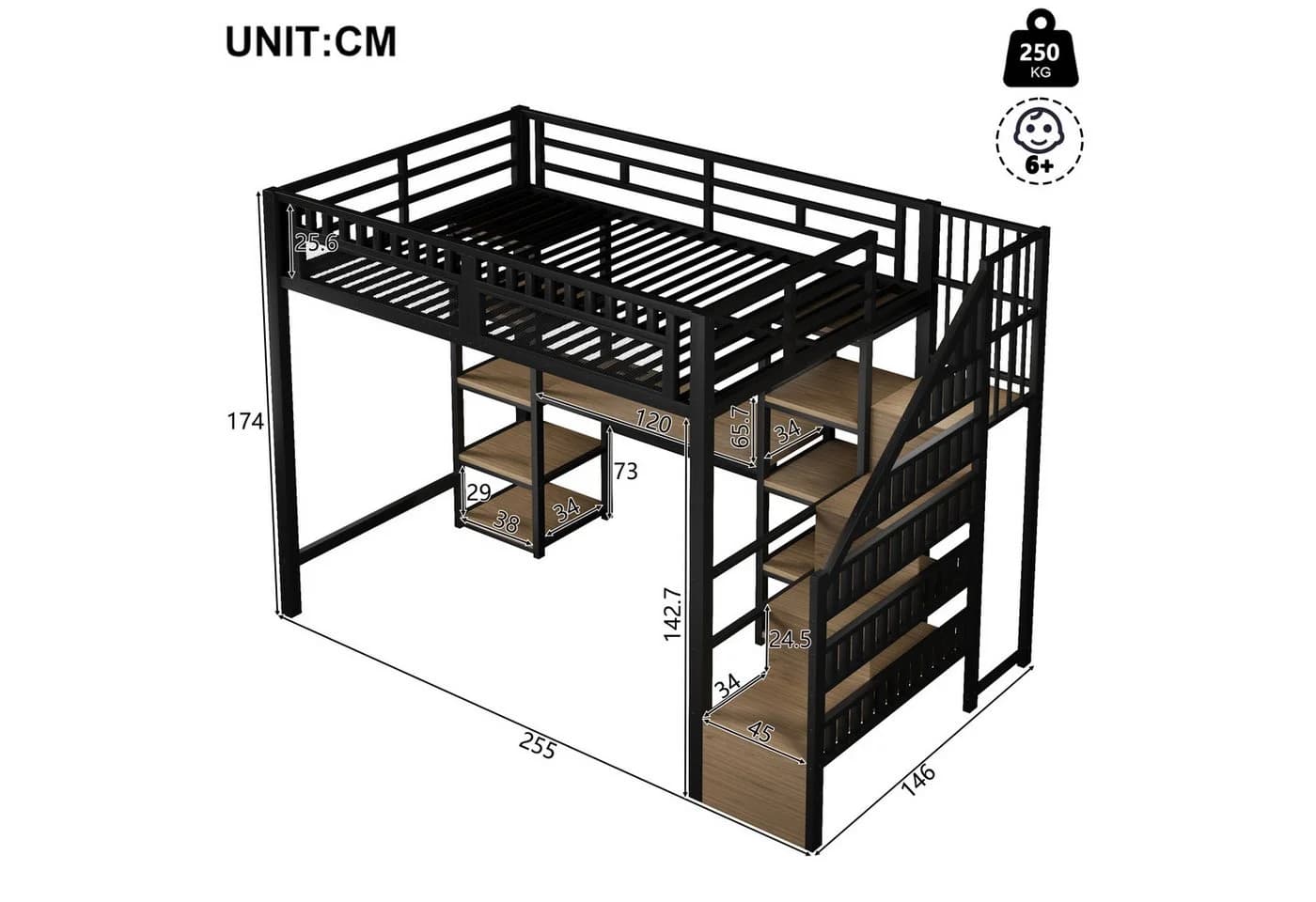 Odikalo Hochbett mit Schreibtisch & Stufenschrank Schwarz/Weiß - Bild 5