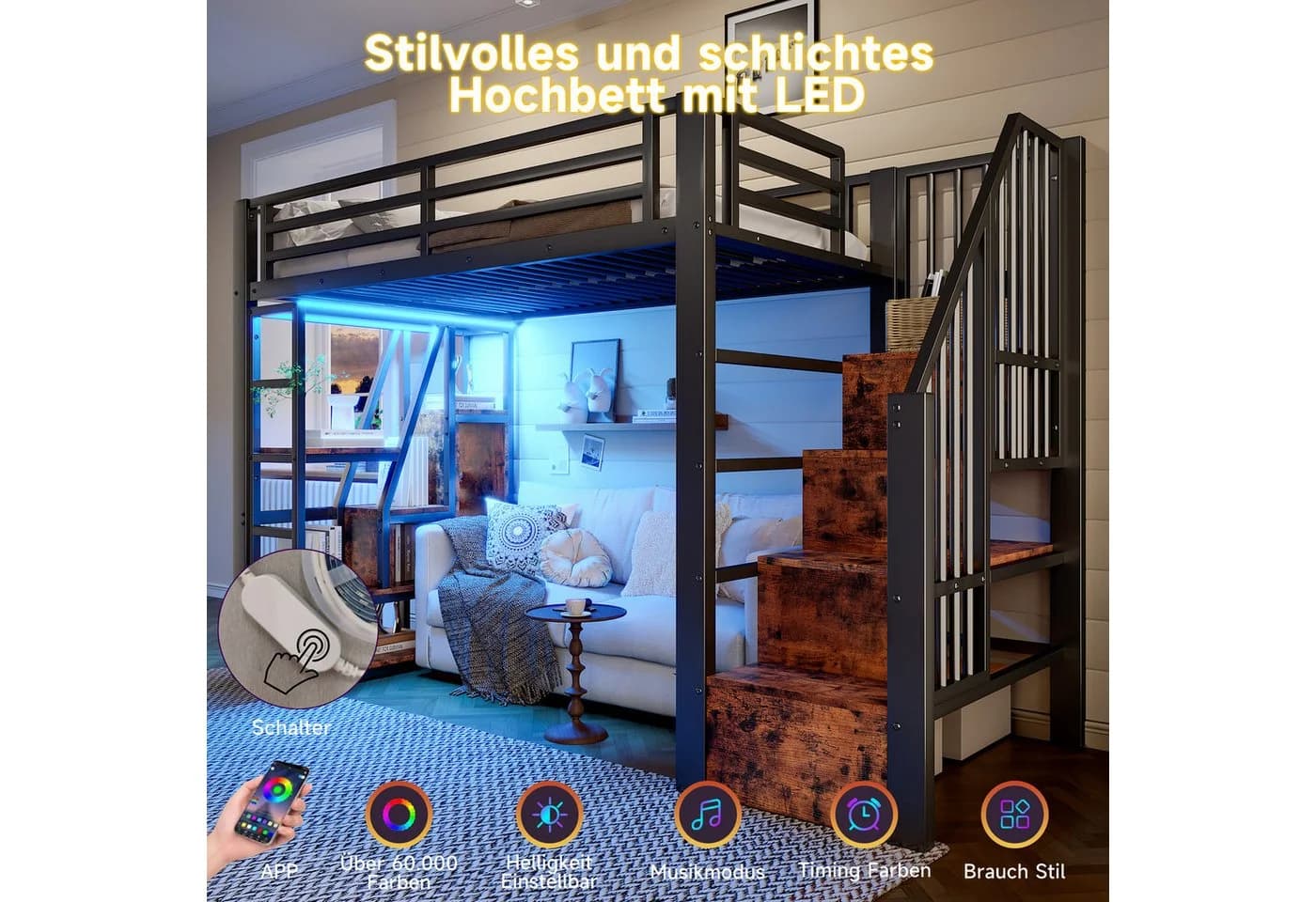 Odikalo Hochbett Metallbett 90x200 140x200 mit LED-Lichtleiste - Bild 3