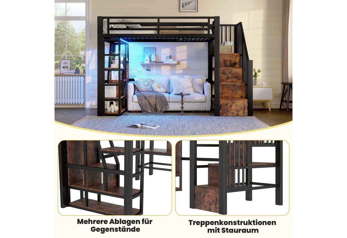 Odikalo Hochbett Metallbett 90x200 140x200 mit LED-Lichtleiste - Bild 4