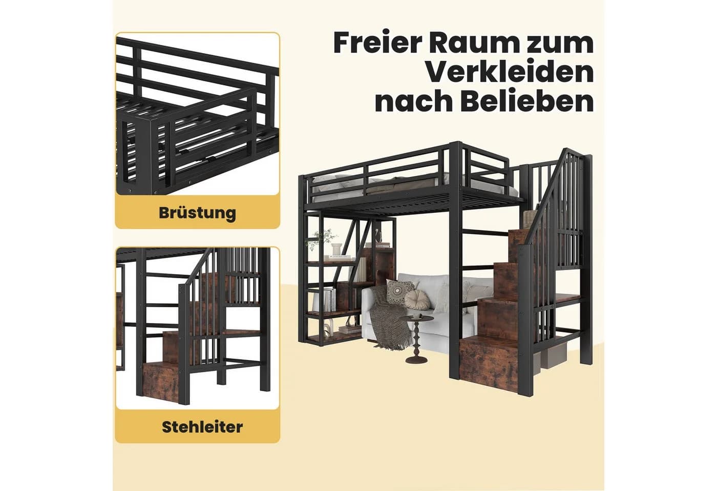 Odikalo Hochbett Metallbett 90x200 140x200 mit LED-Lichtleiste - Bild 5