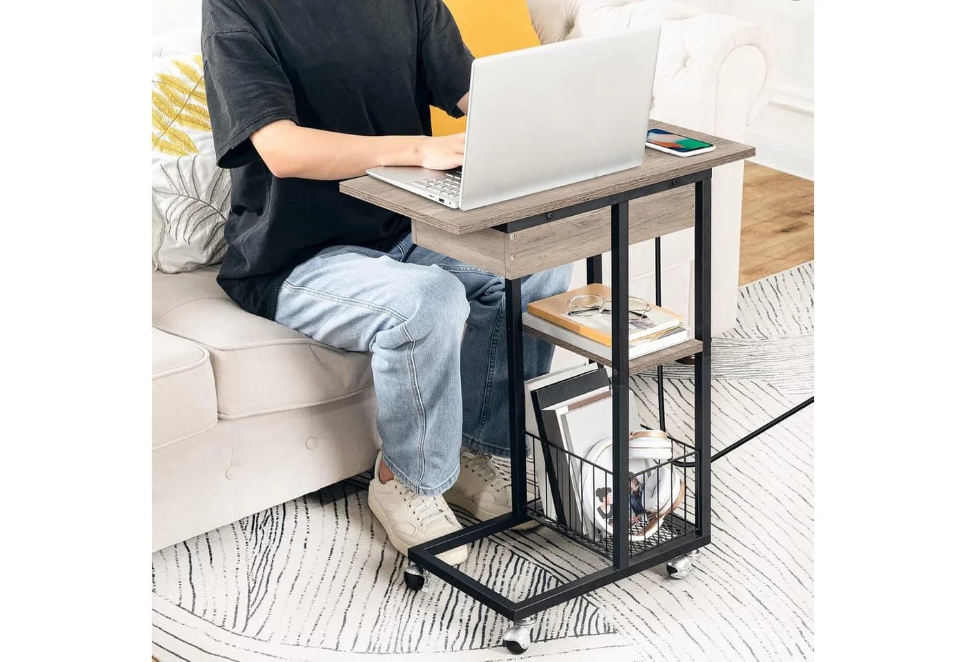 Hoobro Beistelltisch mit USB-Ladestation & Rollen - Bild 4
