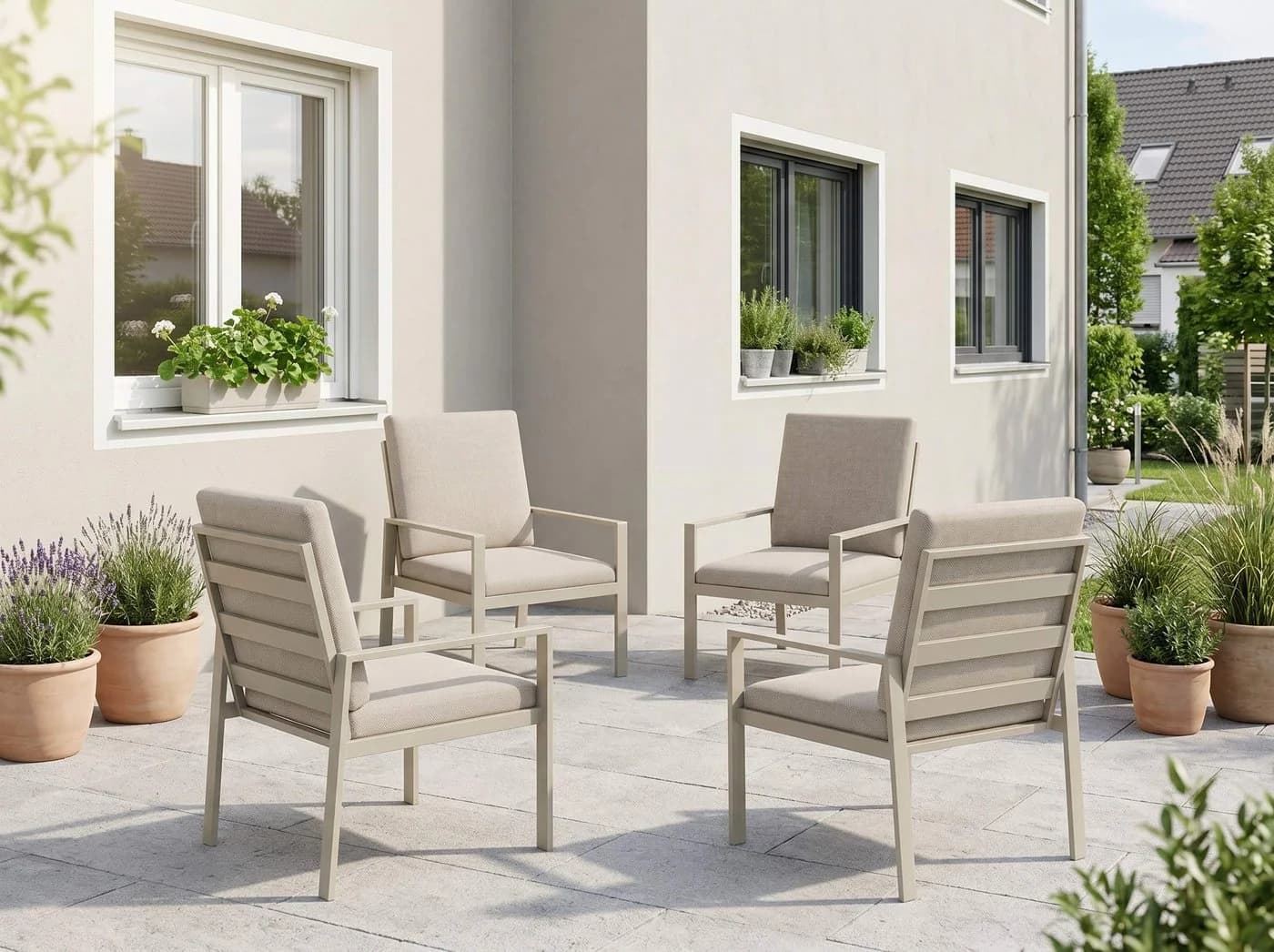MeXo Gartenlounge-Set 4-tlg. Aluminium Stühle Beige mit Kissen