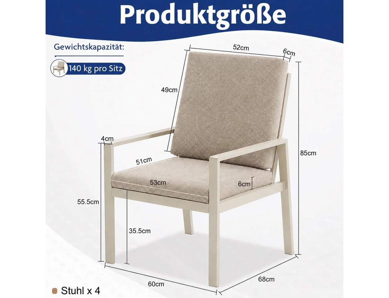 MeXo Gartenlounge-Set 4-tlg. Aluminium Stühle Beige mit Kissen - Bild 3