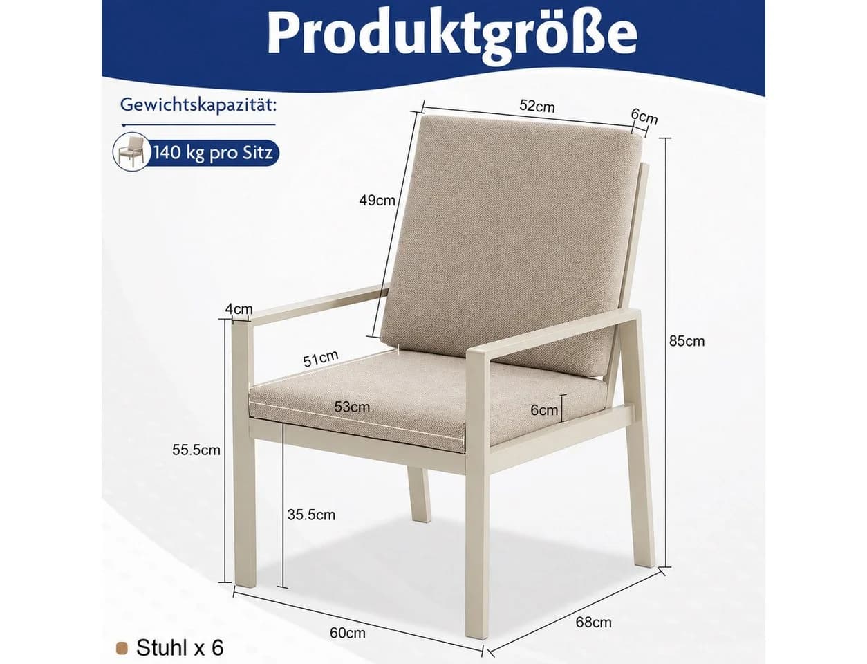 MeXo Gartenlounge-Set 6-tlg. Beige Aluminium mit Kissen - Bild 3