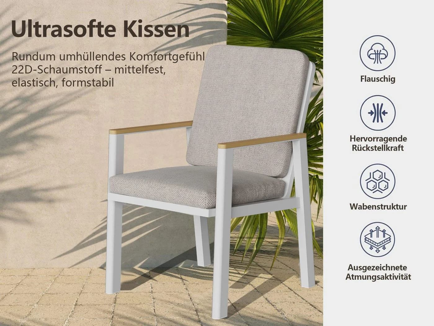MeXo Gartenstuhl 4er Set Aluminium mit Kissen Beige/Weiß