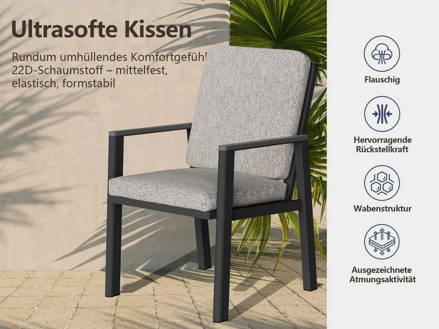 MeXo Gartenstuhl 2er Set Aluminium mit Kissen Grau