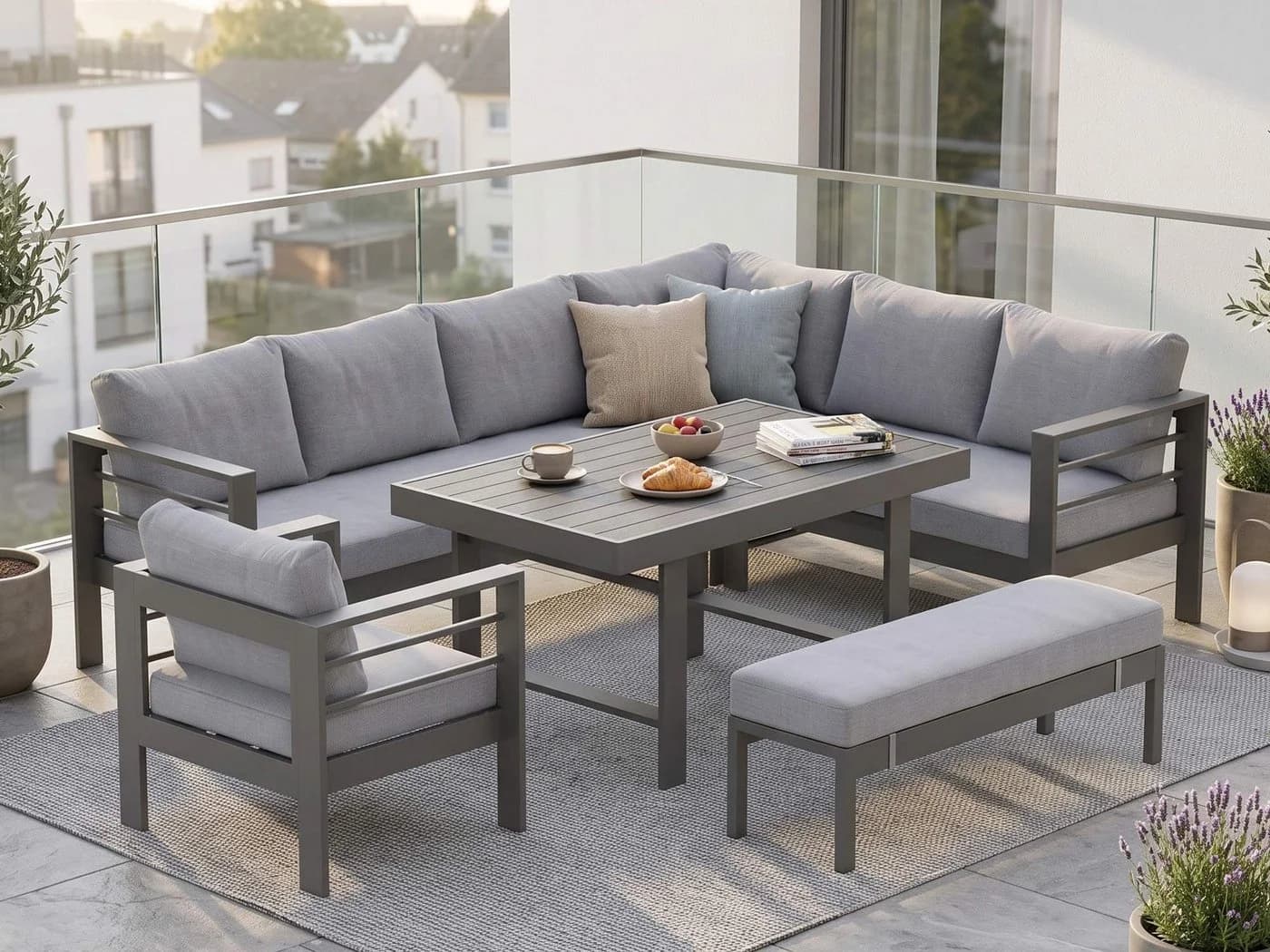 MeXo Gartenlounge-Set XXL 6-tlg. Grau Aluminium mit Esstisch - Bild 2