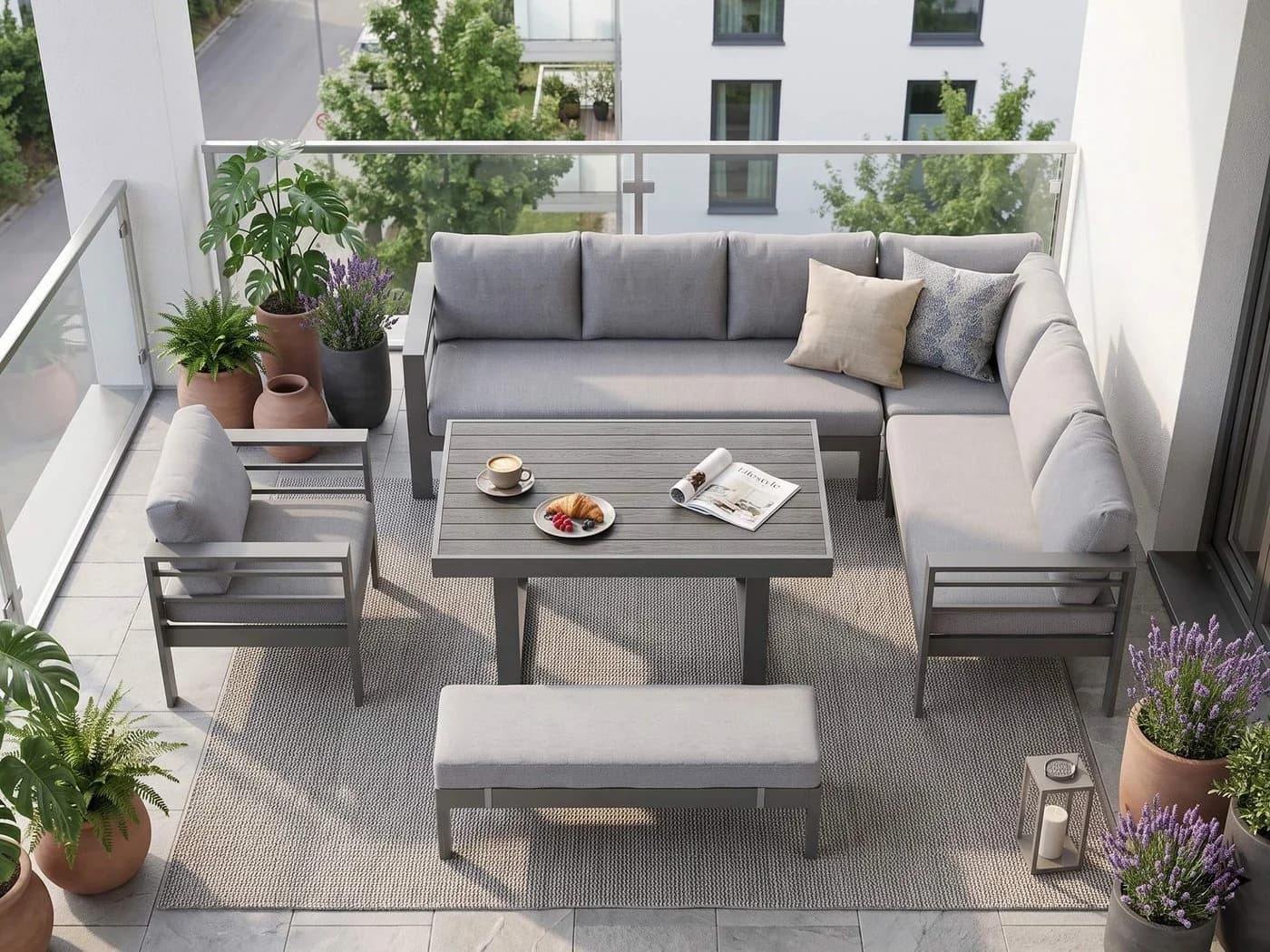 MeXo Gartenlounge-Set XXL 6-tlg. Grau Aluminium mit Esstisch - Bild 3