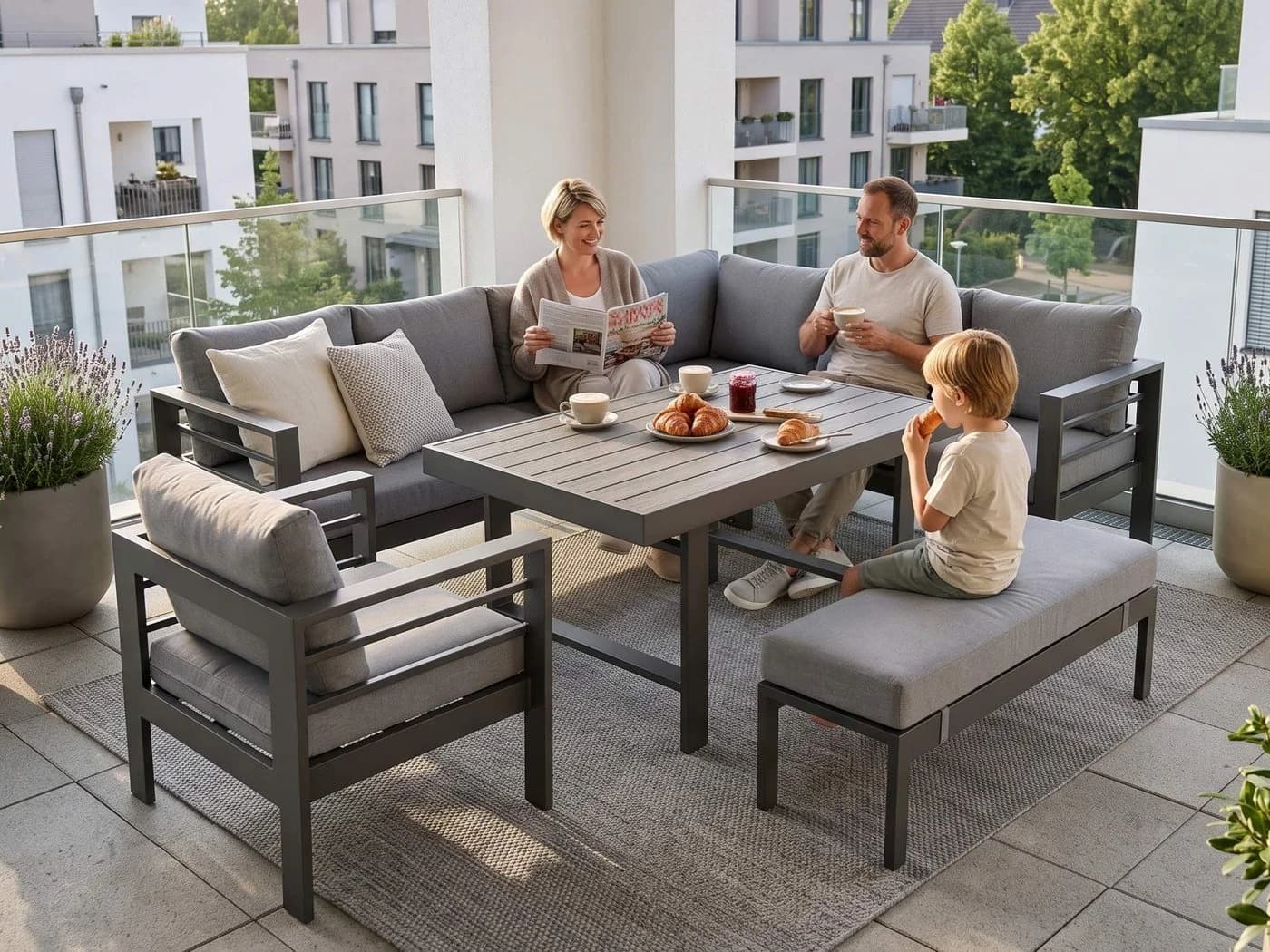 MeXo Gartenlounge-Set XXL 6-tlg. Grau Aluminium mit Esstisch - Bild 4